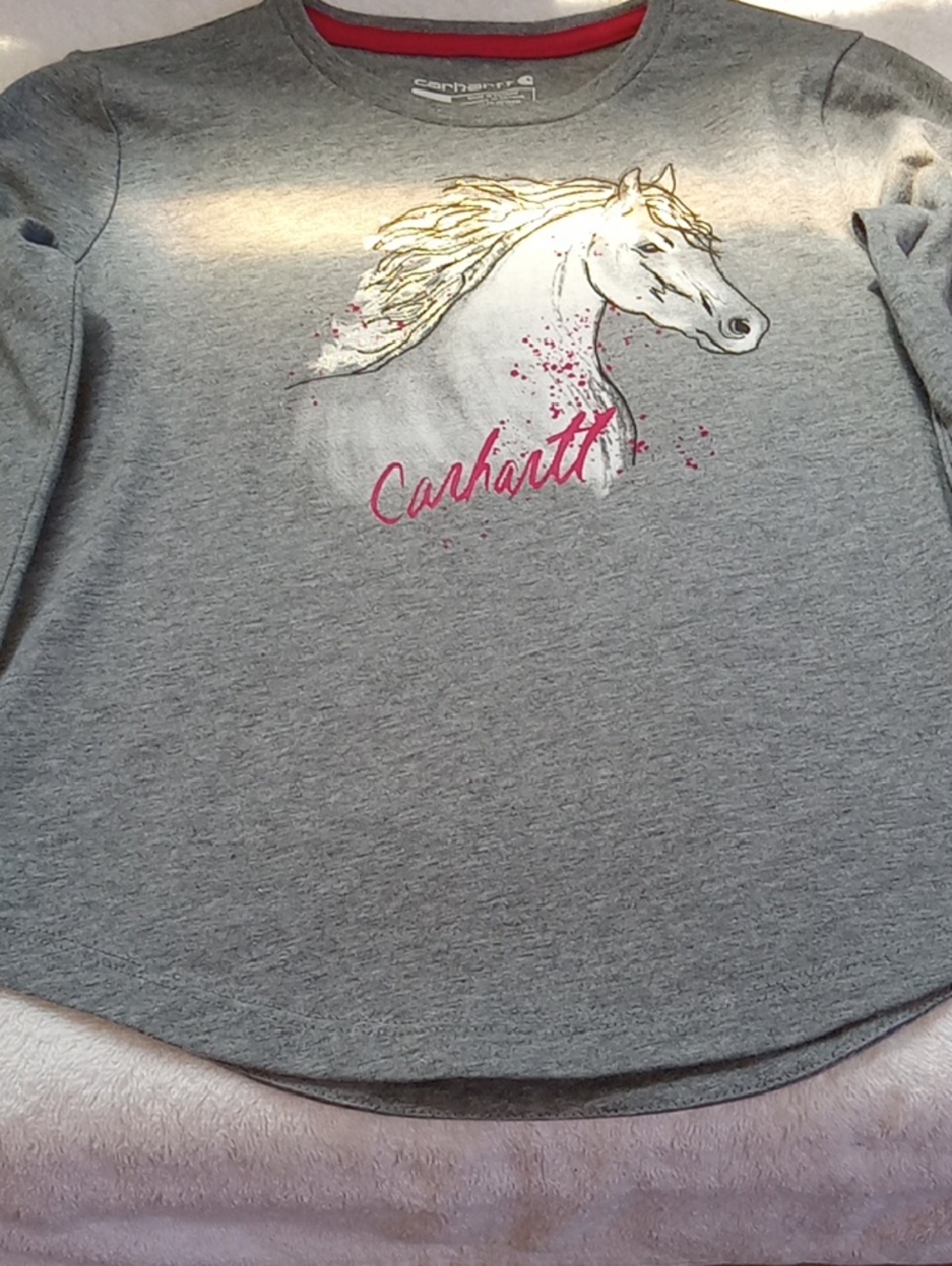 Carhartt Gray Long Sleeve Tee with Horse Graphic and Pink Logo